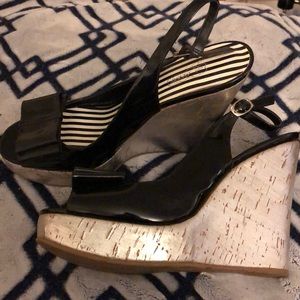 Black patent slingback wedges